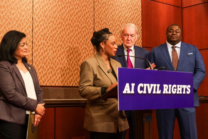Rep. Summer Lee at the news conference Tuesday announcing the reintroduction of the AI Civil Rights Act (Courtesy)