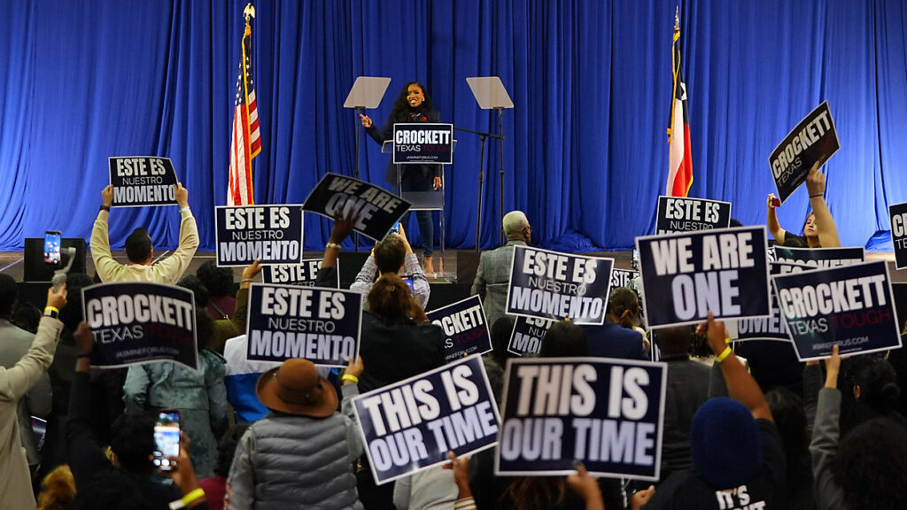 Rep. Jasmine Crockett, D-Texas, speaks to supporters after announcing her run in the Democratic primary for U.S. Senate, Monday, Dec. 8, 2025, in Dallas. (AP Photo/LM Otero)
