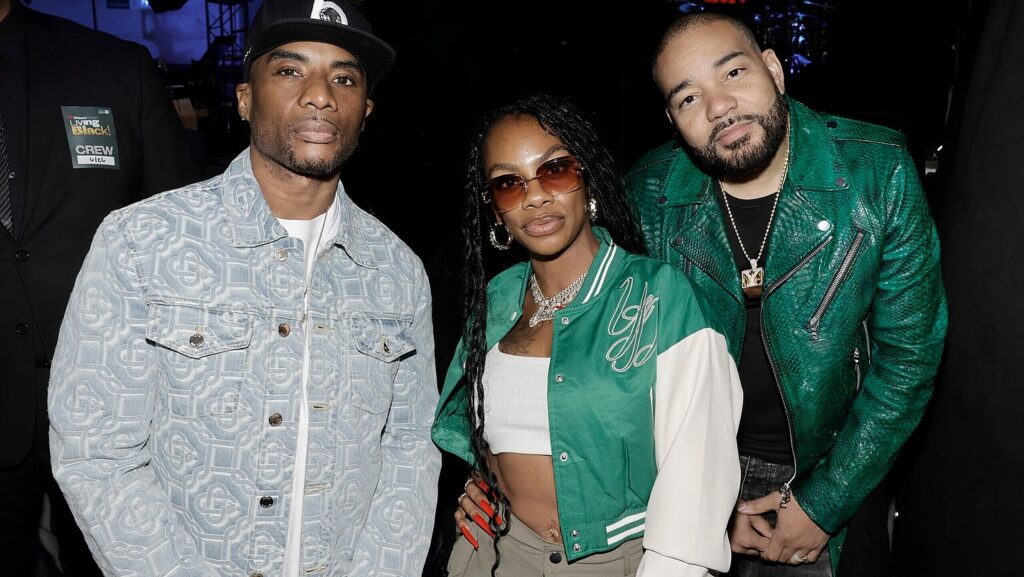 Charlamagne Tha God, Jess Hilarious and DJ Envy pose backstage during a taping of iHeartRadio’s Living Black 2023 Block Party in Inglewood, California. (Photo by Kevin Winter/Getty Images for iHeartRadio )
