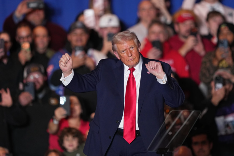 President Donald Trump dances to music after speaking at the Mount Airy Casino Resort in Mount Pocono, Pa., Tuesday, Dec. 9, 2025. (AP Photo/Matt Rourke)