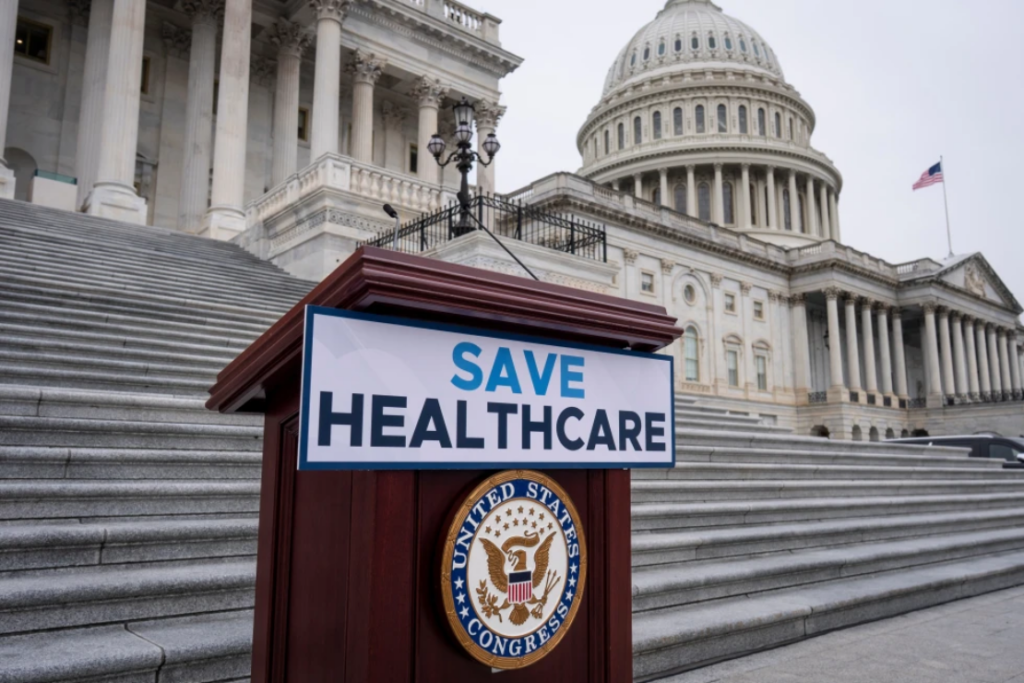 House Democrats prepare to speak on the steps of the Capitol to insist that Republicans include an extension of expiring health care benefits as part of a government funding compromise, in Washington, Sept. 30, 2025. (AP Photo/J. Scott Applewhite, File)