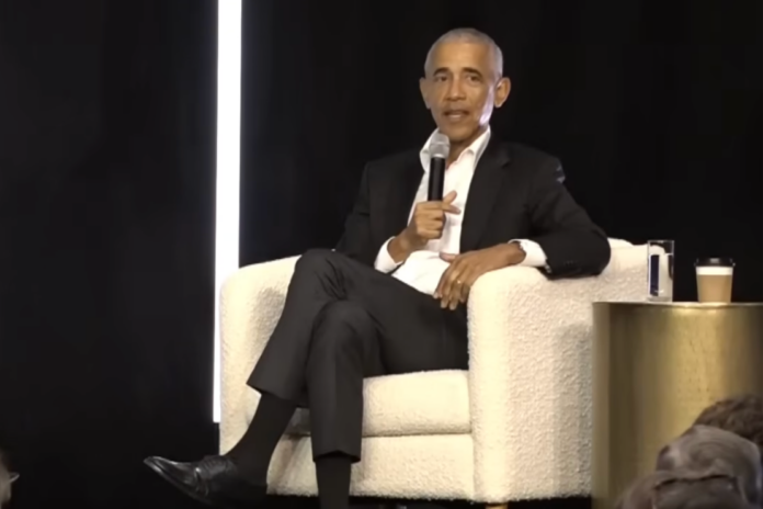 Obama speaking at the Crystal Bridges Art Museum. Screenshot, 5NEWS