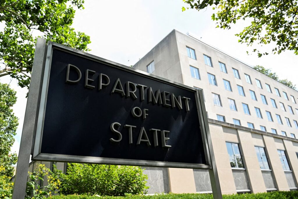 A general view of a U.S. State Department sign outside the U.S. State Department building in Washington, D.C., U.S., July 11, 2025. REUTERS/Annabelle Gordon/File Photo