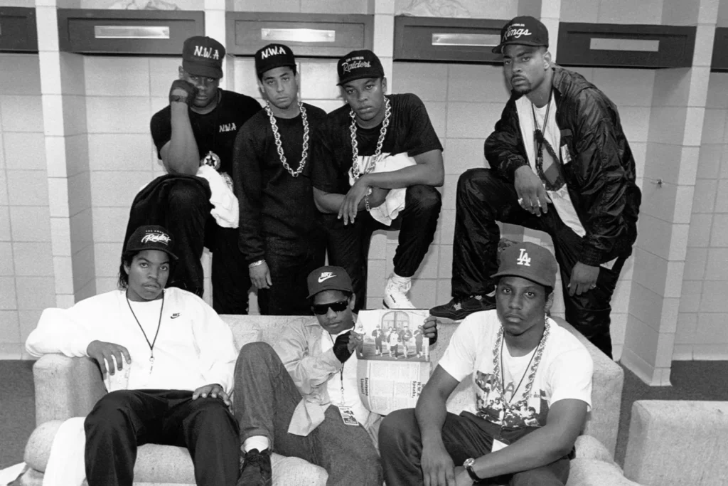 With streams of N.W.A's "Fuck tha Police" surging, MC Ren and lyricist D.O.C. reflect on how the track has new meaning during Black Lives Matter protests. N.W.A pictured in 1989. From left, standing: Above the Law's Laylaw, DJ Yella, Dr. Dre, and the D.O.C., and seated from left, Ice Cube, Eazy-E, and MC Ren