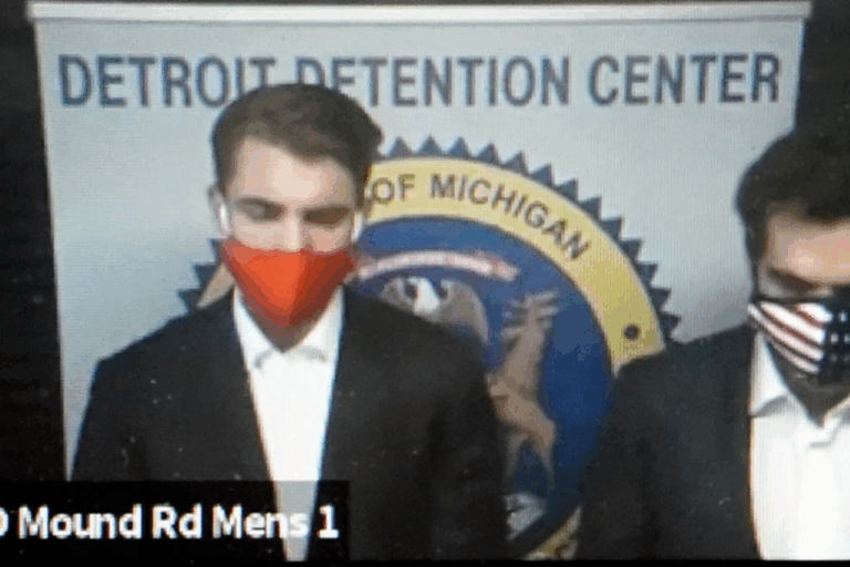 In this image taken from video provided by the 36th District Court in Michigan, Jacob Wohl, left, and Jack Burkman appear during their arraignment via video, Thursday, Oct. 8, 2020 in Detroit. (36th District Court via AP, File)