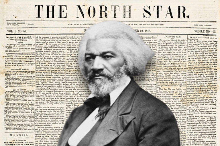 A black-and-white portrait of Frederick Douglass is centered in front of a faded historic front page of The North Star newspaper.