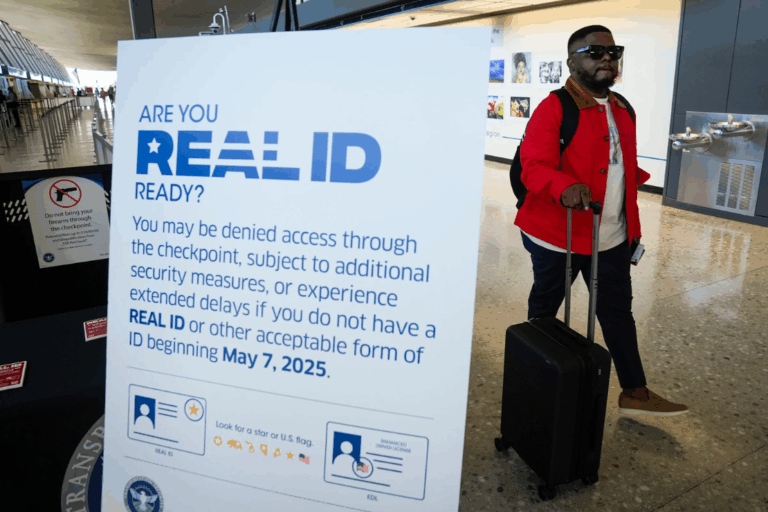 Man walking past an airport security checkpoint sign displaying REAL ID requirements.