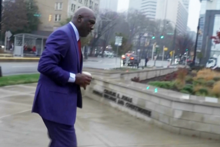 Michael Jordan arriving to federal courthouse to testify in NASCAR antitrust case on Friday, Dec. 5, 2025 in Charlotte, N.C. (AP Photo)