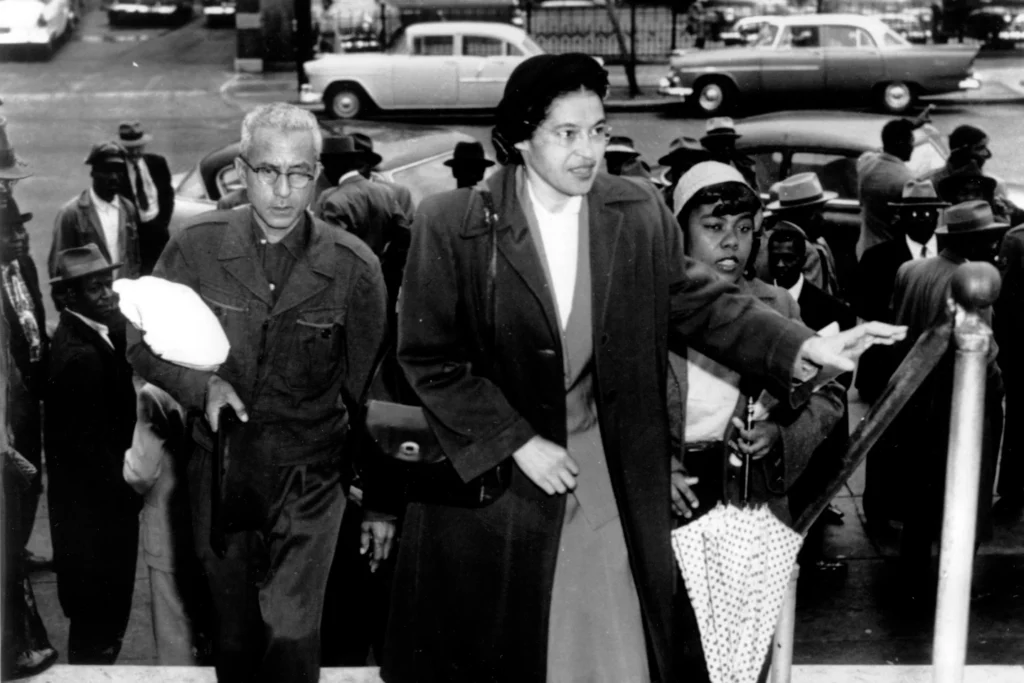 Rosa Parks arrives at circuit court to be arraigned in the racial bus boycott in Montgomery, Ala., Feb. 24, 1956. (AP
Photo, File)