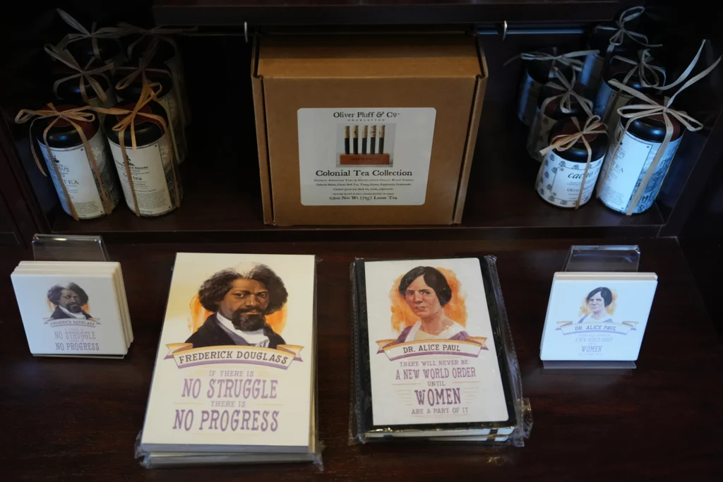 Items for sale are on display at the museum store at Independence National Historical Park, Tuesday, Dec. 9, 2025, in Philadelphia. (AP Photo/Matt Slocum)