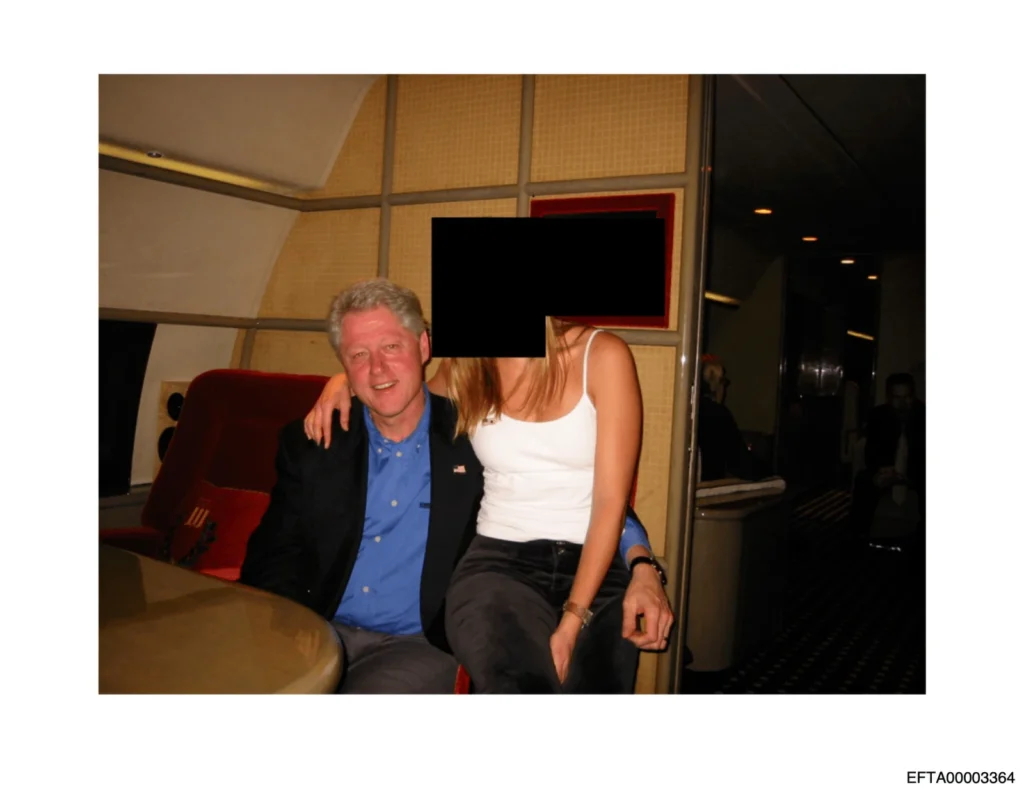 Bill Clinton features heavily in the file drop, including in this one with an unidentified woman whose face has been redacted