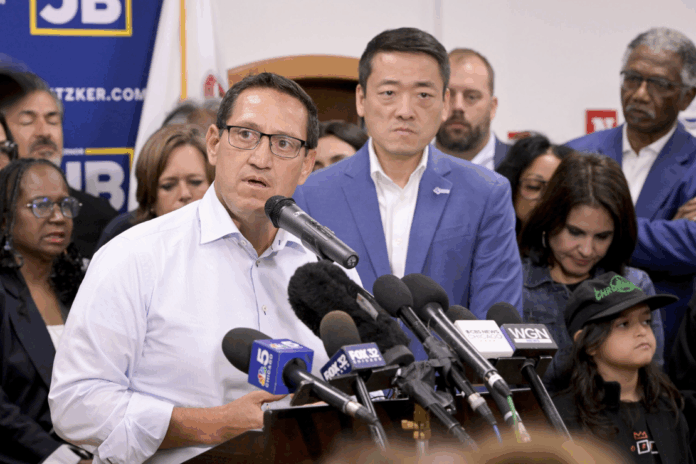 Former Texas House Democratic Caucus Chair Trey Martinez Fischer speaks about Texas Republican plans to redraw the House map during a press conference at the Democratic Party of DuPage County office in Carol Stream, IL on Sunday, Aug. 3, 2025. (AP Photo/Mark Black)