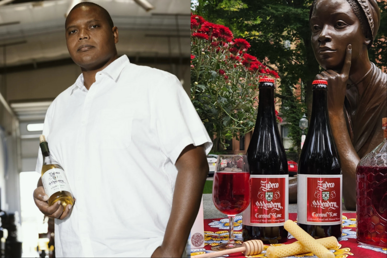 Image of Eric Depradine (left) and Carnival Rose (right) next to a statue of Phyllis Wheatley in Boston, Massachusetts.