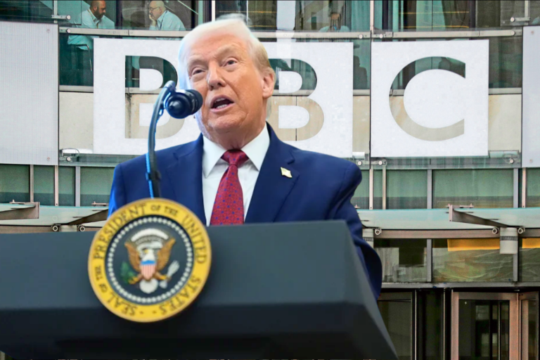 President Donald Trump speaks at the White House, with the BBC logo in the background, related to Trump’s $10 billion lawsuit over an edited Jan. 6 speech.
