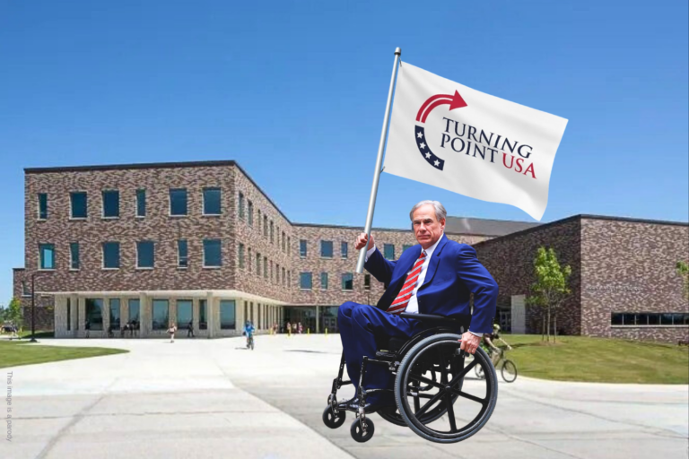 A man in a wheelchair holding a Turning Point USA flag in front of a modern school campus under a clear blue sky.