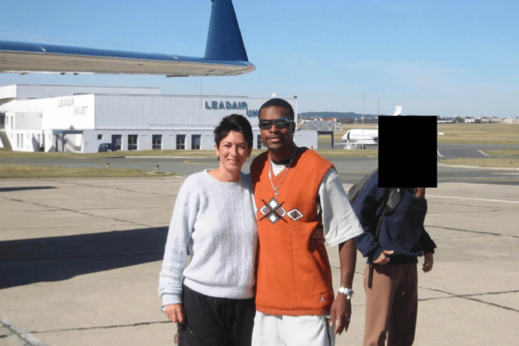 Comedian Chris Tucker seen alongside Ghislaine Maxwell in newly-released Epstein files from the DOJ. (DOJ)