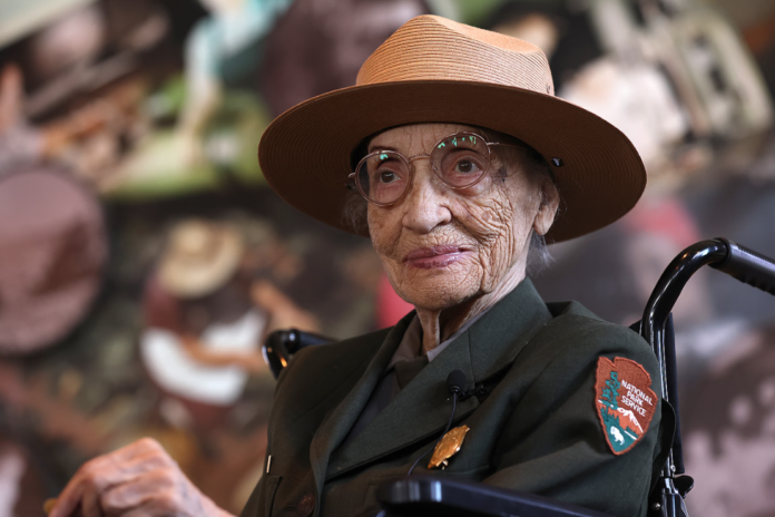 Betty Reid Soskin, the oldest full-time National Park Service ranger in the United States, looks on during a news conference announcing her retirement at the Rosie the Riveter/World War II Home Front National Historical Park on April 15, 2022 in Richmond, California. (Photo by Justin Sullivan/Getty Images)