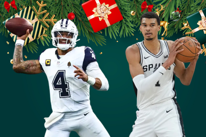 Dak Prescott and Victor Wembanyama NBA & NFL Christmas Game Schedule featuring Christmas Day basketball and football matchups