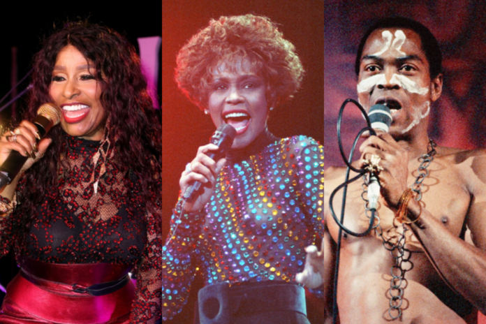 (L-R) Chaka Khan, Whitney Houston, and Fela Kutian. Ian Dickson / Contributor via Getty Images