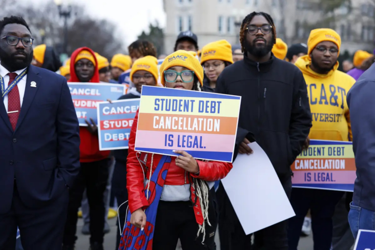 Student loan borrowers and advocates gather for a rally on February 28, 2023 in Washington, DC. (Photo by Jemal Countess/Getty Images for People’s Rally to Cancel Student Debt)