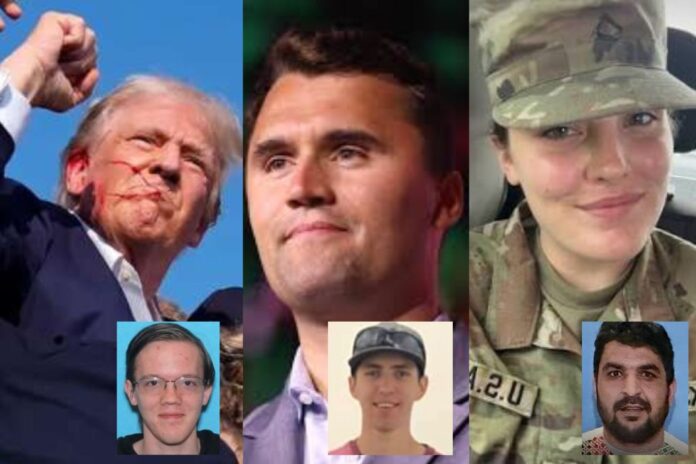 (L-R) Donald Trump, Charlie Kirk, National Guard Specialist Sarah Beckstrom. | (Bottom) Accused shooters Thomas Crooks, Tyler James Robinson, and Rahmanullah Lakanwal.