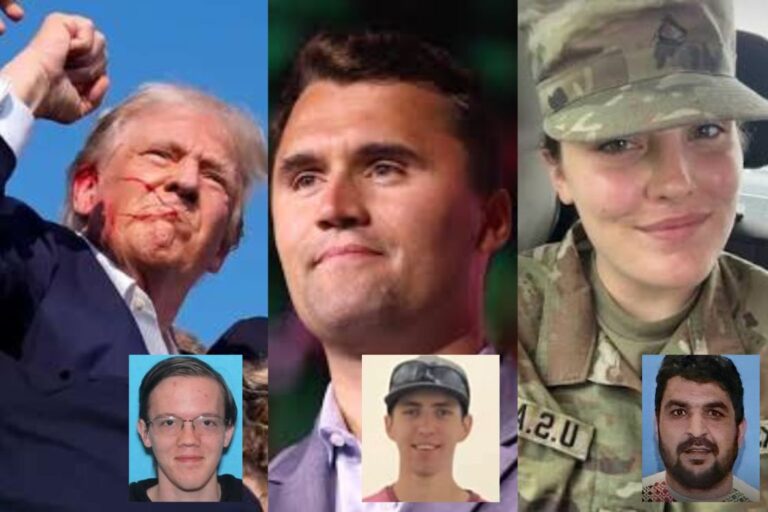 (L-R) Donald Trump, Charlie Kirk, National Guard Specialist Sarah Beckstrom. | (Bottom) Accused shooters Thomas Crooks, Tyler James Robinson, and Rahmanullah Lakanwal.