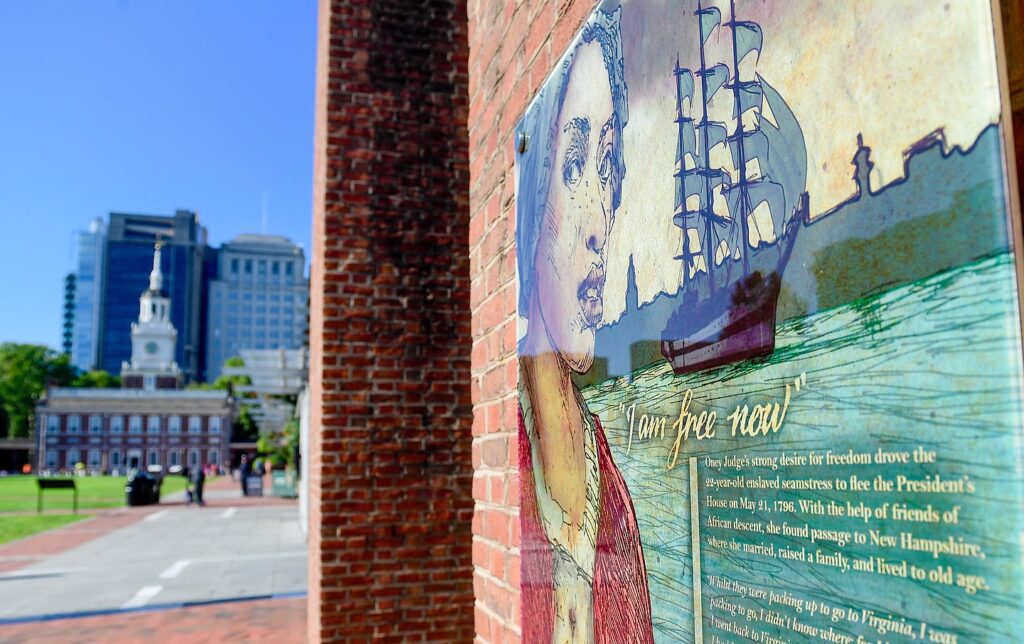 Exhibits discussing slavery and the Founding Fathers' owning slaves are seen at the President's House on August 9, 2025 in Philadelphia, Pennsylvania. (Photo by Matthew Hatcher/Getty Images)