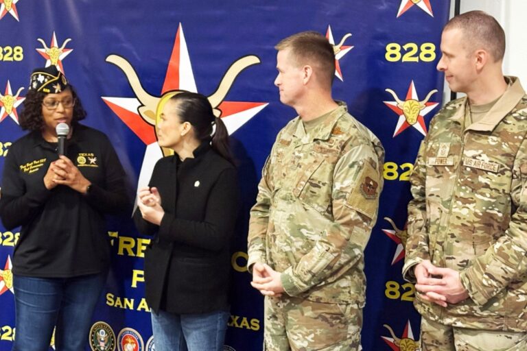Post Commander Amanda Parham of Fred Brock American Legion Post 828 welcomes Mayor Gina Ortiz Jones, Joint Base San Antonio (JBSA) Commander U.S. Air Force Brig. Gen. Randy Oakland and JBSA Command Chief Master Sgt. Lance Power to the post’s 3rd Annual MLK Day Veterans Coffee Social at the post located on the East Side.