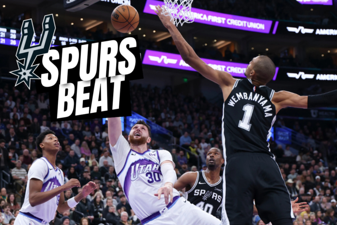 Utah Jazz center Jusuf Nurkic (30) shoots against San Antonio Spurs forward Victor Wembanyama (1) during the second half of an NBA basketball game, Thursday, Jan. 22, 2026, in Salt Lake City. (AP Photo/Rob Gray)