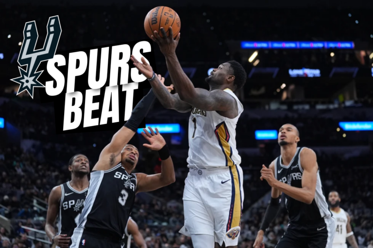 New Orleans Pelicans forward Zion Williamson (1) drives to the basket over San Antonio Spurs forward Keldon Johnson (3) during the first half of an NBA basketball game in San Antonio, Sunday, Jan. 25, 2026. (AP Photo/Eric Gay)