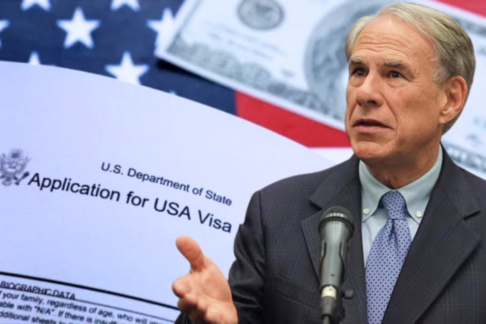 Gov. Greg Abbott speaks as a U.S. visa application form appears in the background, illustrating Abbott’s H-1B visa freeze affecting Texas universities and state agencies.