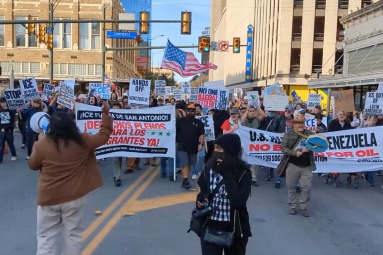 Hundreds of protesters marched through downtown San Antonio in a national day of action against ICE and Trump administration policies