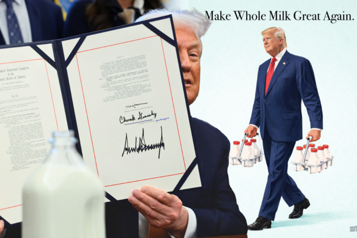 President Donald Trump holds signed Whole Milk for Healthy Kids Act legislation while an illustration shows him carrying milk crates under the slogan “Make Whole Milk Great Again.”