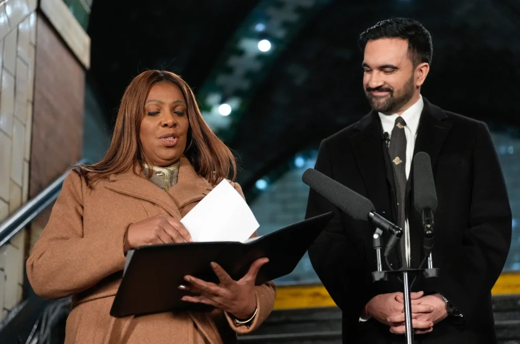 New York Attorney General Letitia James prepares to administer the oath of office to mayor-elect Zohran Mamdani, Jan. 1, 2026, in New York. (AP Photo/Yuki Iwamura)