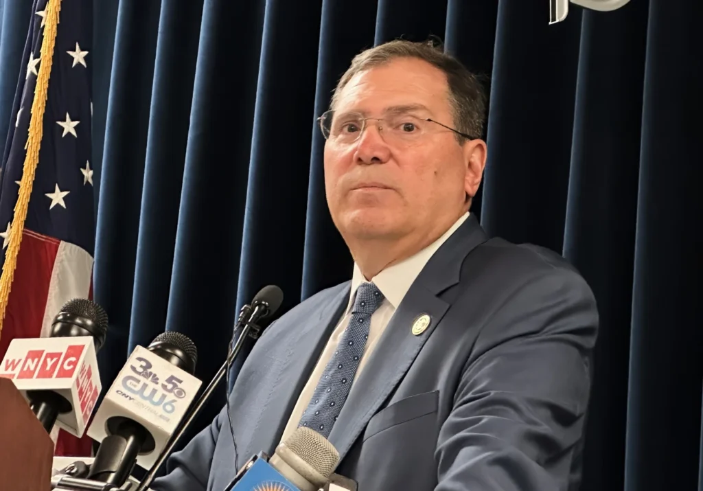 John Sarcone, acting U.S. attorney for northern New York, speaks at a news conference after an immigration raid in Albany, NY, Sept. 9, 2025. (AP Photo/Michael Hill)