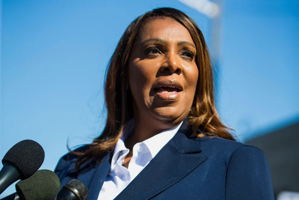 New York Attorney General, Letitia James, speaks after pleading not guilty outside the United States District Court Oct. 24, 2025, in Norfolk, Va. (AP Photo/John Clark, File)