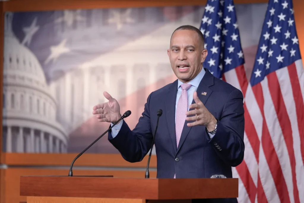 House Minority Leader Hakeem Jeffries, D-N.Y., speaks during a news conference on Capitol Hill, Monday, Jan.5, 2026, in Washington. (AP Photo/Mariam Zuhaib)