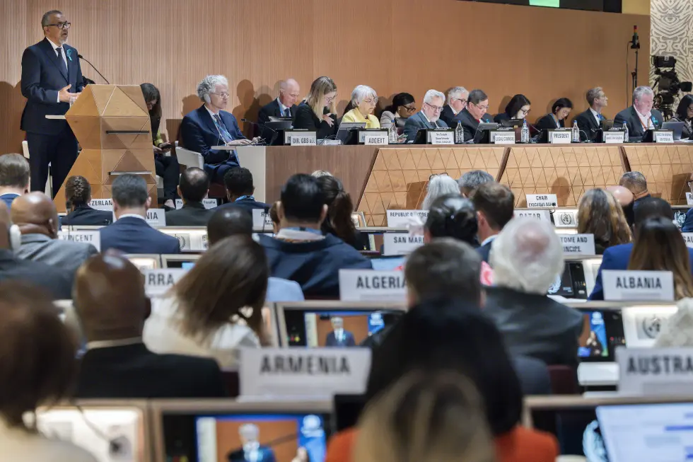 Director General of the World Health Organization (WHO) Tedros Adhanom Ghebreyesus, left, delivers his statement, during the opening of the 78th World Health Assembly at the European headquarters of the United Nations in Geneva, Switzerland, May 19, 2025. (Magali Girardin/Keystone via AP) 