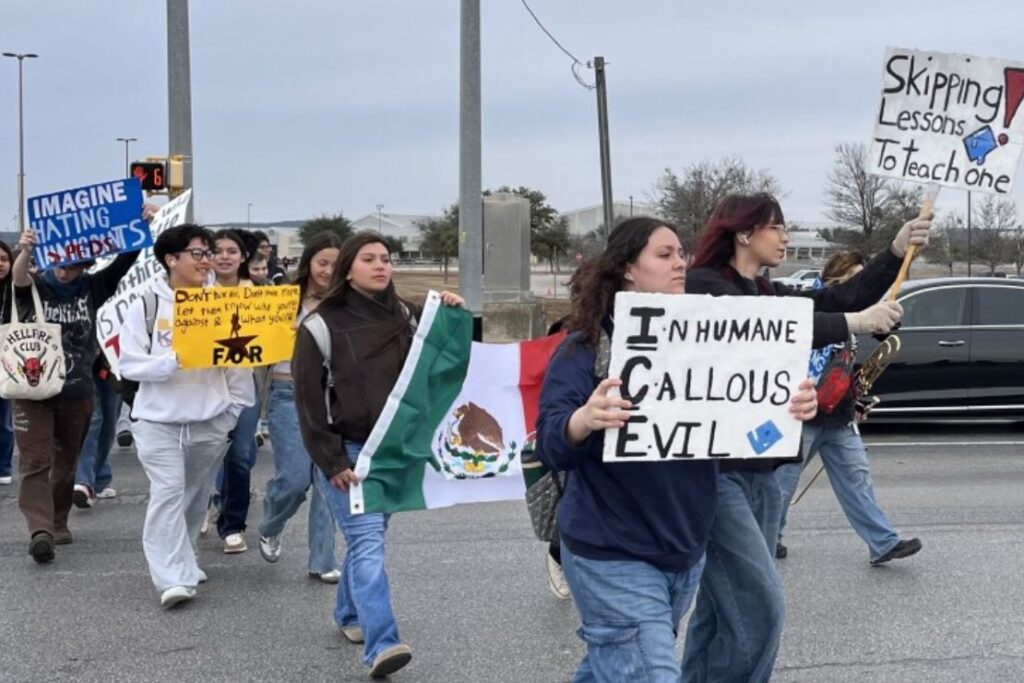 Students leave the O'Connor High School campus on Jan. 30, 2026 to protest ICE. Camille Phillips / TPR