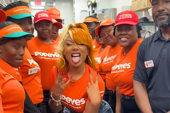 Grammy-winning rapper Megan Thee Stallion opens her new Miami Popeyes store in South Beach with her Hot Girl energy, Hottie Sauce, and vibes. Screenshot via TikTok/@megantheestallion