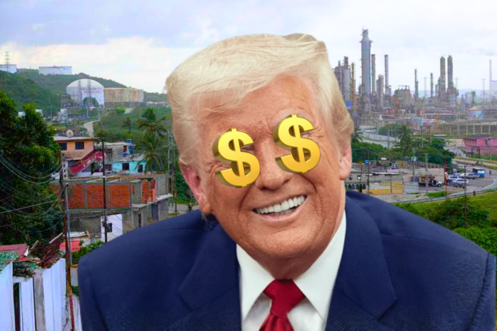 Illustrated image of Donald Trump smiling with gold dollar signs over his eyes, set against a background showing oil refineries and an urban landscape.