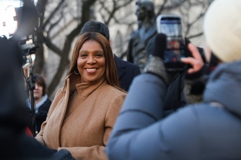 New York Attorney General Letitia James arrives at City Hall for the public inauguration swearing-in ceremony of Mayor Zohran Mamdani, Thursday, Jan. 1, 2026, in New York. (AP Photo/Heather Khalifa)