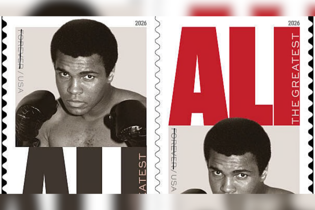 This image released by the United States Postal Service shows a commemorative Muhammad Ali stamp featuring a 1974 Associated Press photo of Ali. (United States Postal Service via AP)