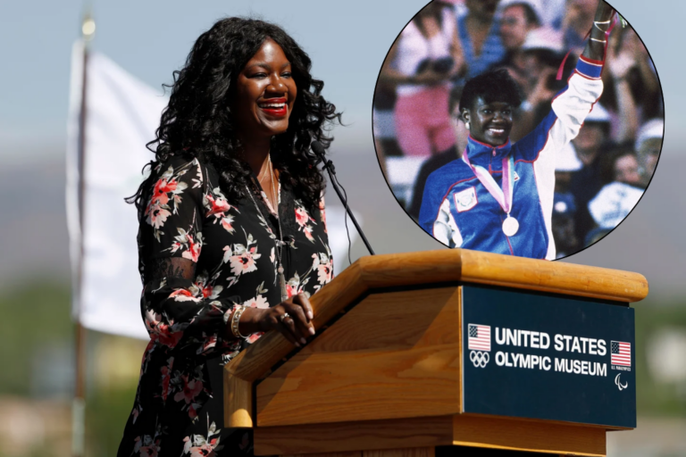 Benita Fitzgerald Mosley, a U.S. Olympic gold medalist, speaks during a ceremonial groundbreaking for a new Olympic museum June 9, 2017, in Colorado Springs, Colo. (AP Photo/David Zalubowski, File)