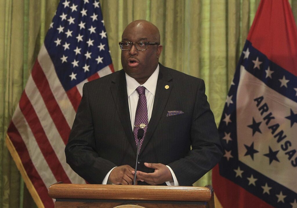 Dexter Payne, who oversees the Arkansas prison system, addresses a news conference at the Arkansas state Capitol in this April 14, 2020, file photo. (Arkansas Democrat-Gazette/Staton Breidenthal)