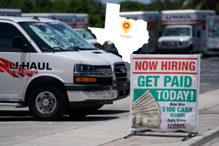 A sign at a UHaul store looking to hire employees is also offering a bonus, Thursday, May 20, 2021, in Boynton Beach, Fla. (AP Photo/Marta Lavandier, File)
