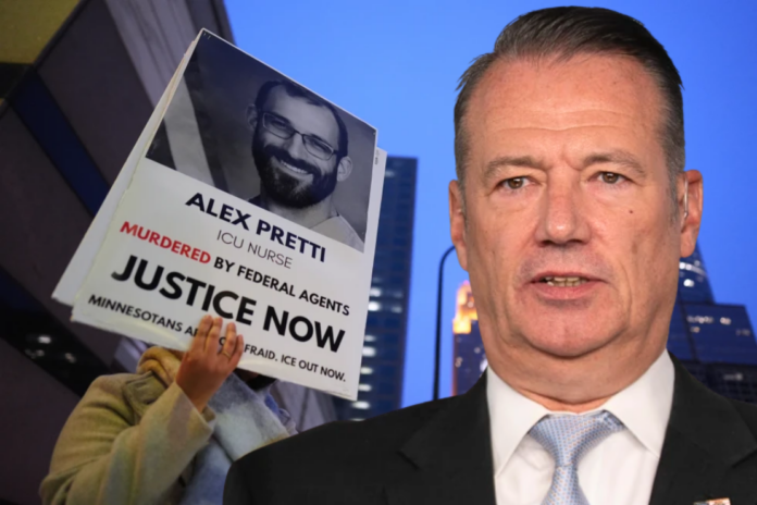 Todd Lyons, acting director of the U.S. Immigration and Customs. Enforcement (ICE), is interviewed on TV on the White House grounds, Monday, Nov. 3, 2025 in Washington. (AP Photo/Manuel Balce Ceneta, File)