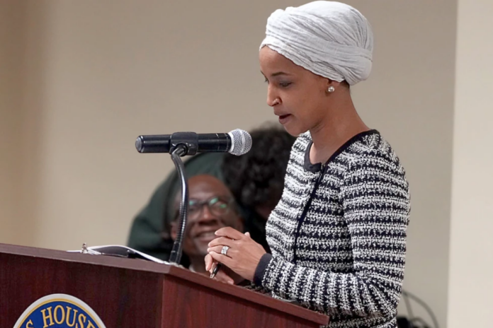 Rep. Ilhan Omar, D-Minn., speaks during a town hall in Minneapolis, Tuesday, Jan. 27, 2026. (Richard Tsong-Taatarii/Star Tribune via AP)