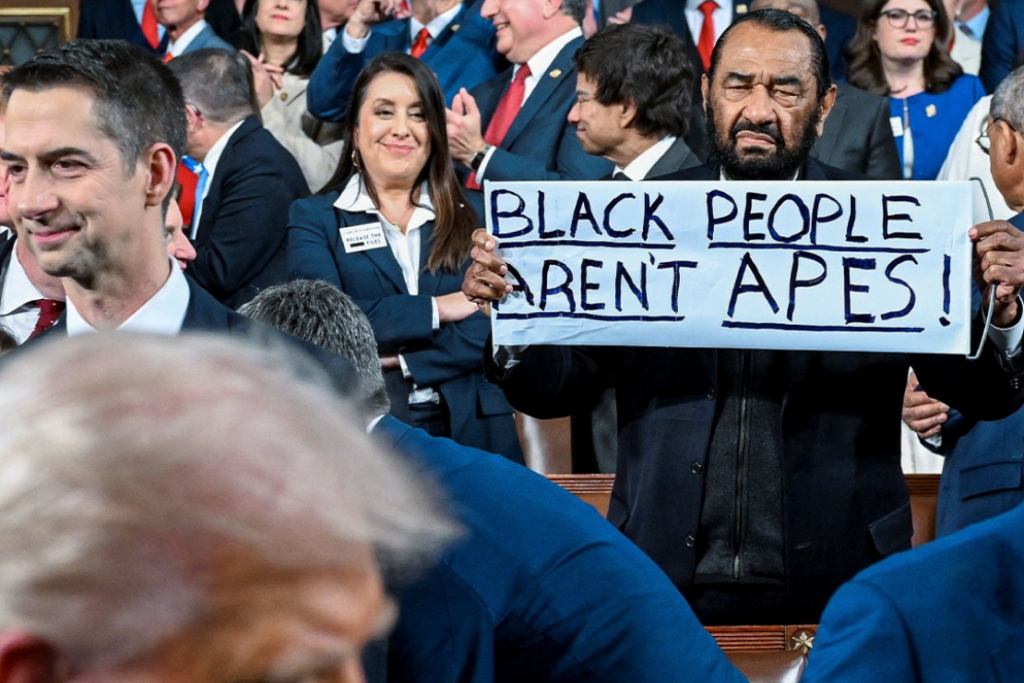 U.S. Rep. Al Green (D-TX) protests as President Donald Trump arrives to deliver the State of the Union address during a joint session of Congress at the Capitol on February 24, 2026 in Washington, DC. (Photo by Kenny Holston-Pool/Getty Images)