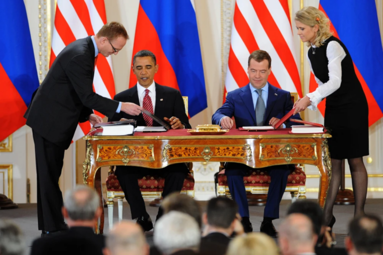 Then-President Barack Obama and then-Russian President Dmitry Medvedev sign the New START treaty in 2010.Joe Klamar / AFP via Getty Images